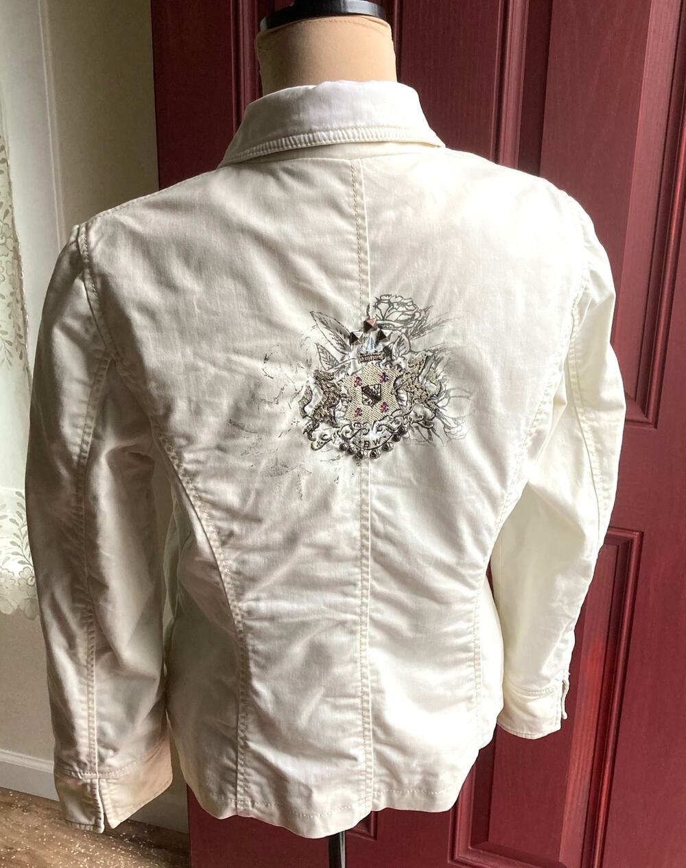 Blue Willi's Life Jacket Women M Cream Studs Embroidered Coat of Arms Style Back